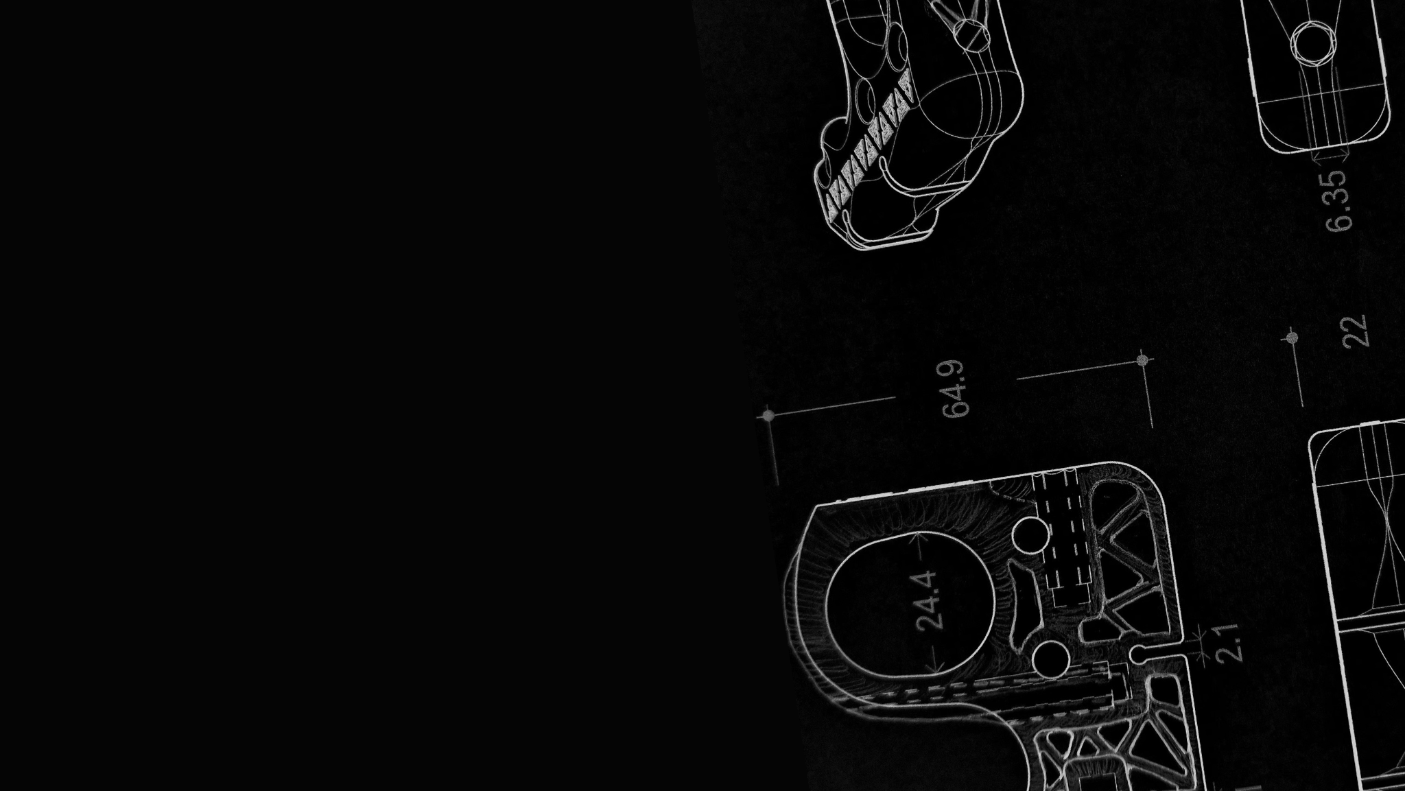 Technical drawings of a mechanical design on a black background